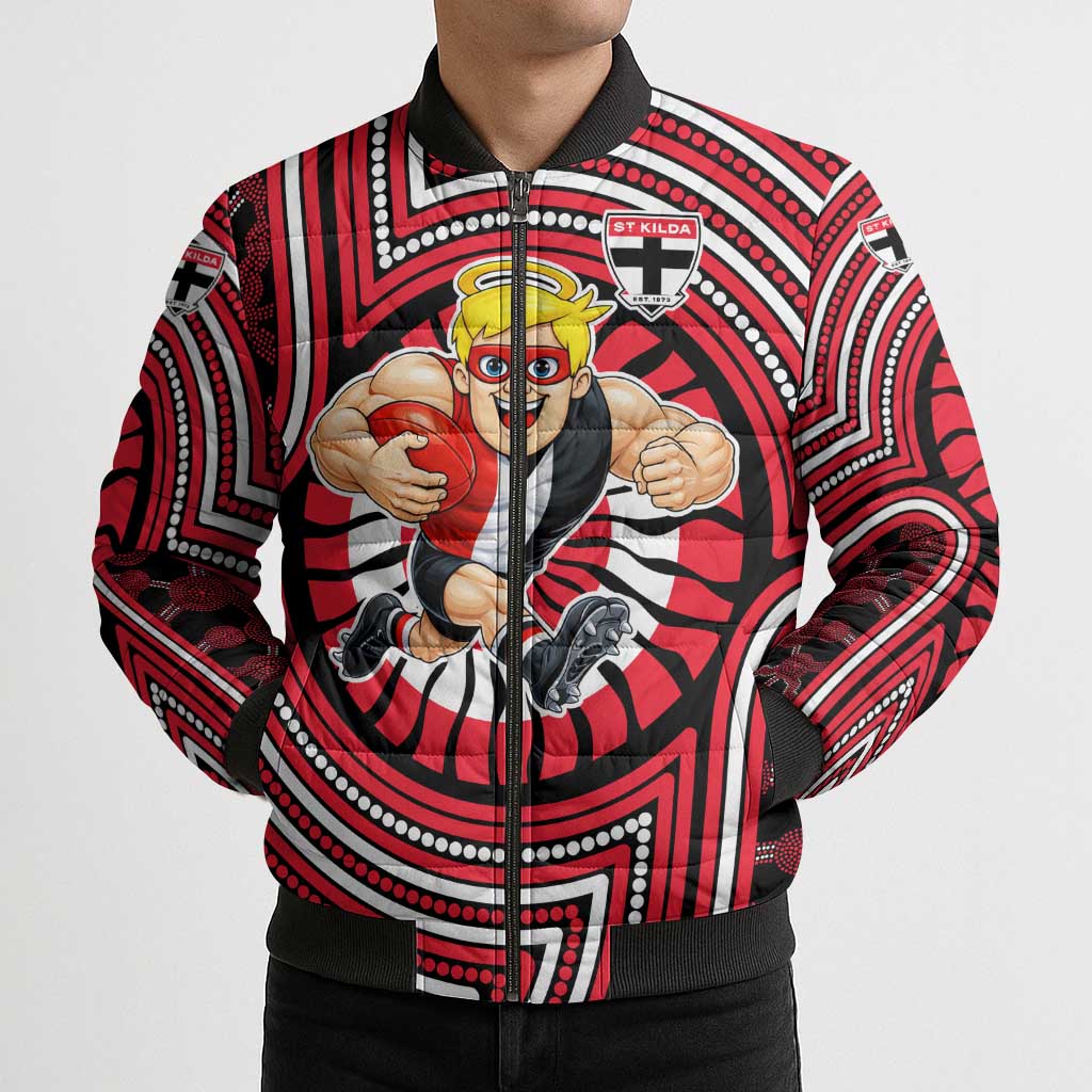 St Kilda Football Club Bomber Puffer Jacket Indigenous Monochrome Dot Art Mascot Style