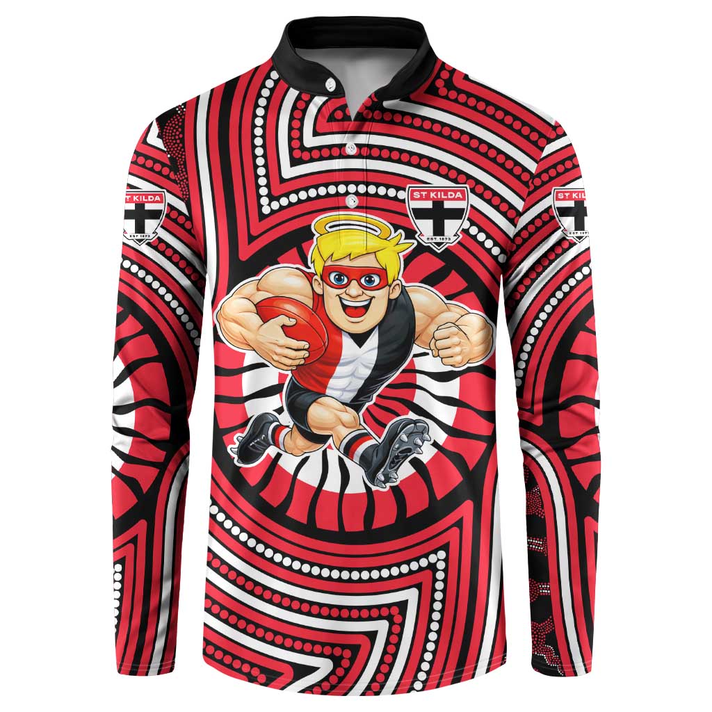 St Kilda Football Club Button Sweatshirt Indigenous Monochrome Dot Art Mascot Style