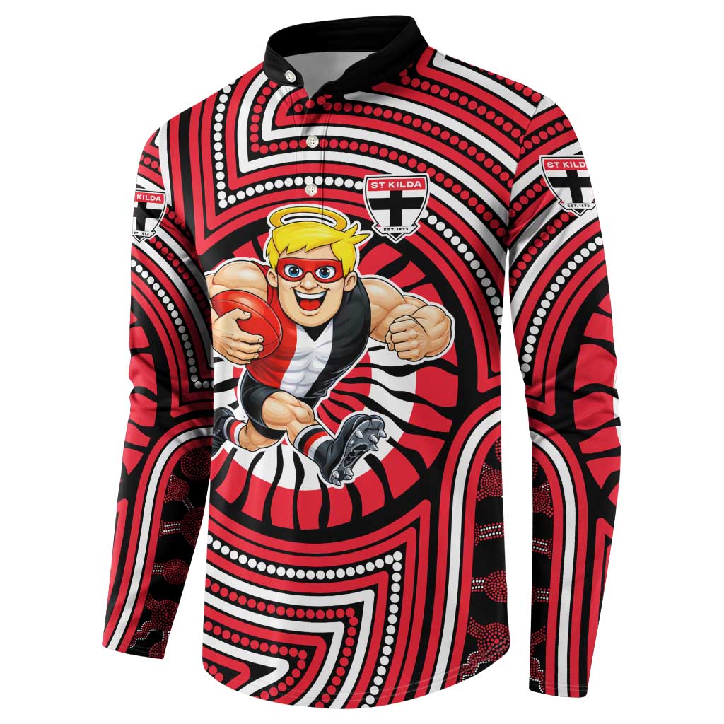 St Kilda Football Club Button Sweatshirt Indigenous Monochrome Dot Art Mascot Style