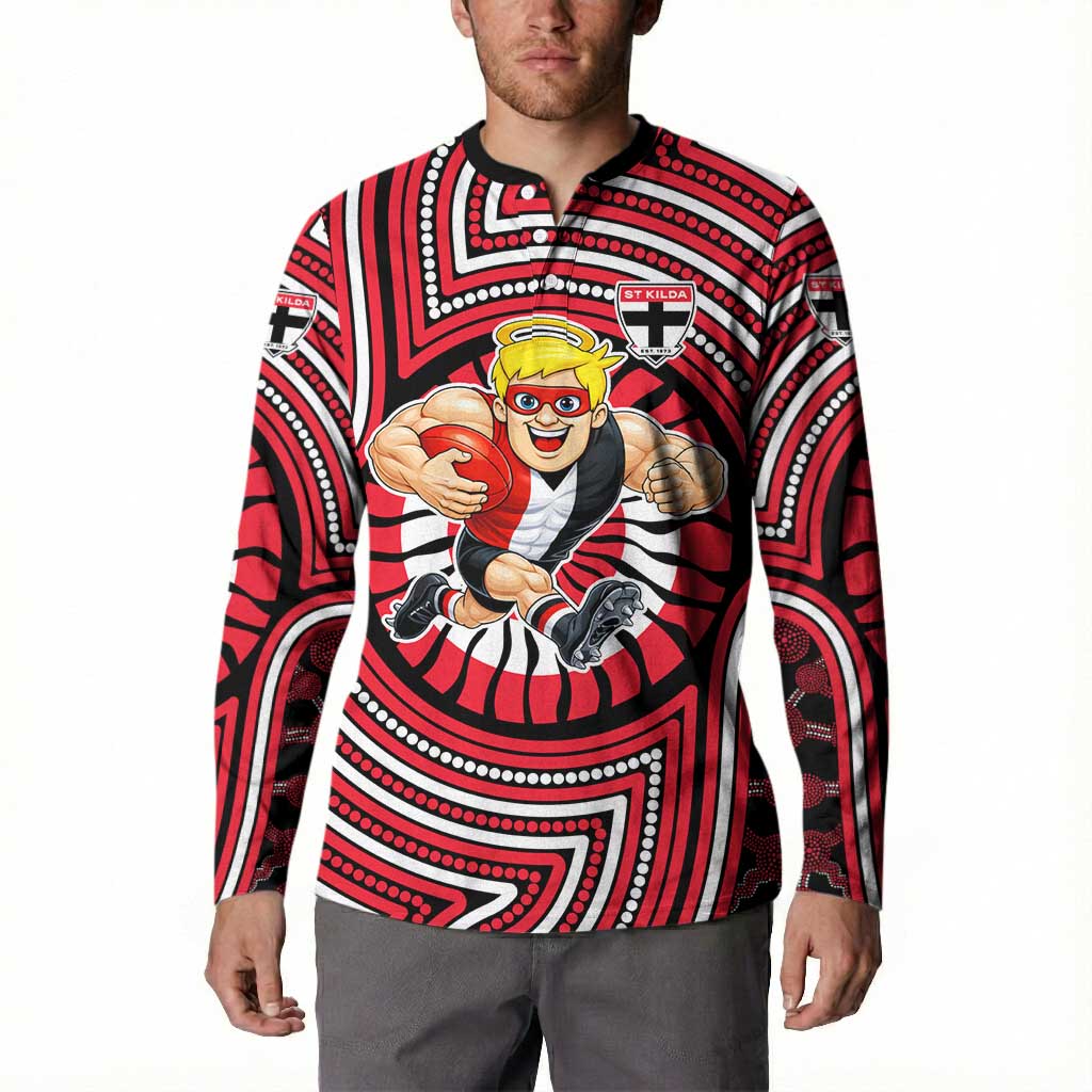 St Kilda Football Club Button Sweatshirt Indigenous Monochrome Dot Art Mascot Style