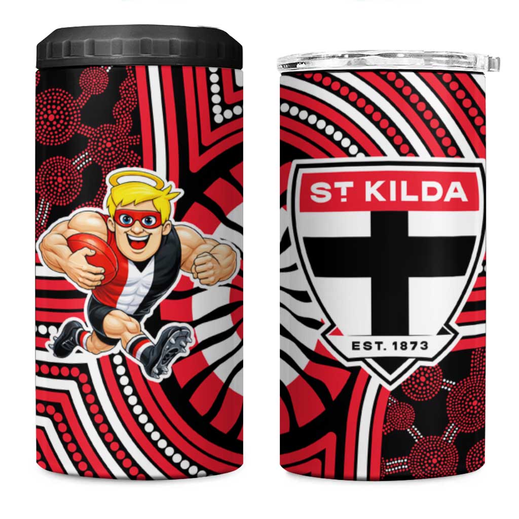 St Kilda Football Club 4 in 1 Can Cooler Tumbler Indigenous Monochrome Dot Art Mascot Style