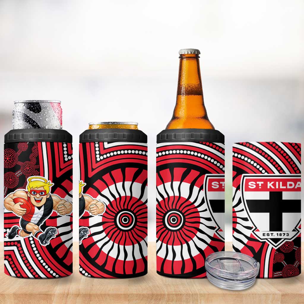 St Kilda Football Club 4 in 1 Can Cooler Tumbler Indigenous Monochrome Dot Art Mascot Style