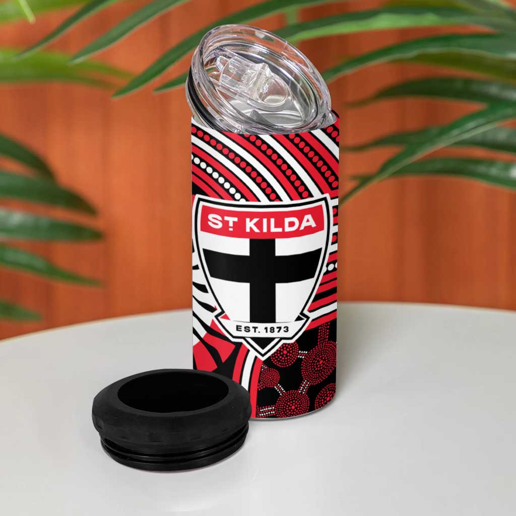 St Kilda Football Club 4 in 1 Can Cooler Tumbler Indigenous Monochrome Dot Art Mascot Style