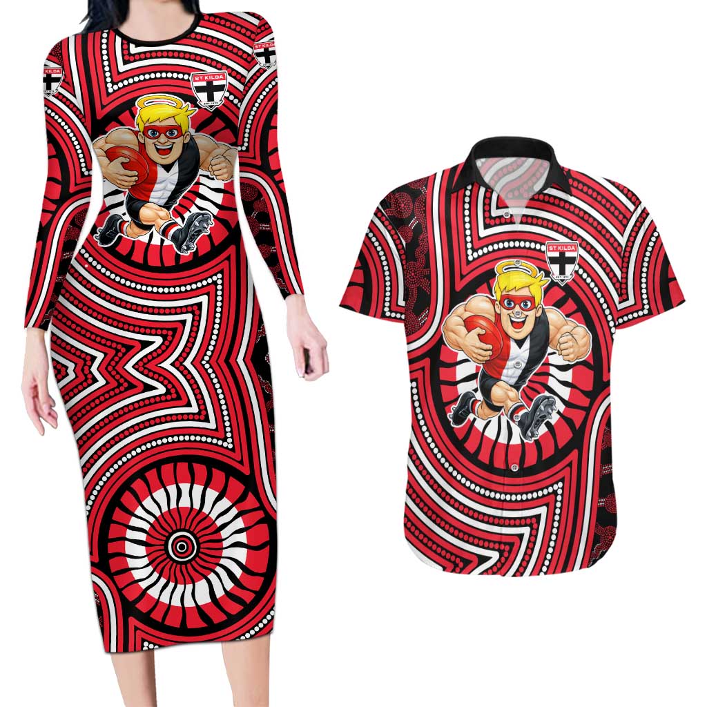 St Kilda Football Club Couples Matching Long Sleeve Bodycon Dress and Hawaiian Shirt Indigenous Monochrome Dot Art Mascot Style