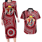 St Kilda Football Club Couples Matching Long Sleeve Bodycon Dress and Hawaiian Shirt Indigenous Monochrome Dot Art Mascot Style