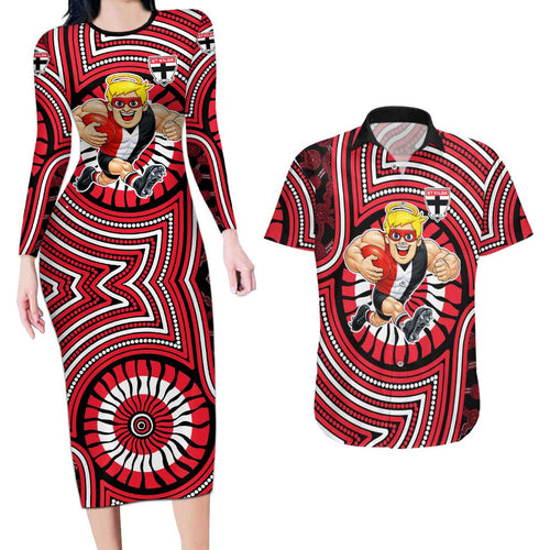 St Kilda Football Club Couples Matching Long Sleeve Bodycon Dress and Hawaiian Shirt Indigenous Monochrome Dot Art Mascot Style