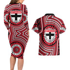 St Kilda Football Club Couples Matching Long Sleeve Bodycon Dress and Hawaiian Shirt Indigenous Monochrome Dot Art Mascot Style