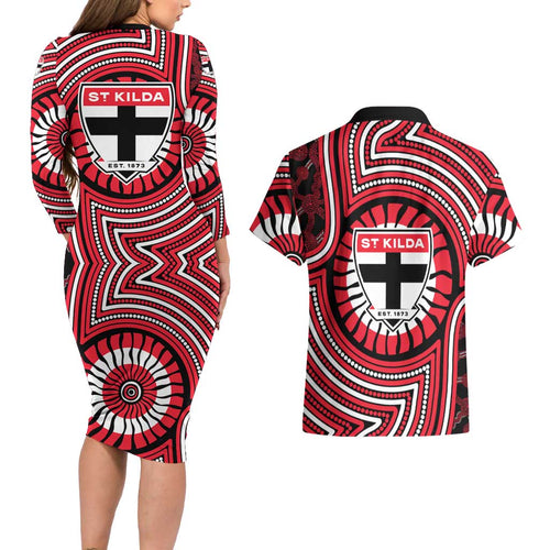 St Kilda Football Club Couples Matching Long Sleeve Bodycon Dress and Hawaiian Shirt Indigenous Monochrome Dot Art Mascot Style
