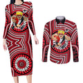 St Kilda Football Club Couples Matching Long Sleeve Bodycon Dress and Long Sleeve Button Shirt Indigenous Monochrome Dot Art Mascot Style