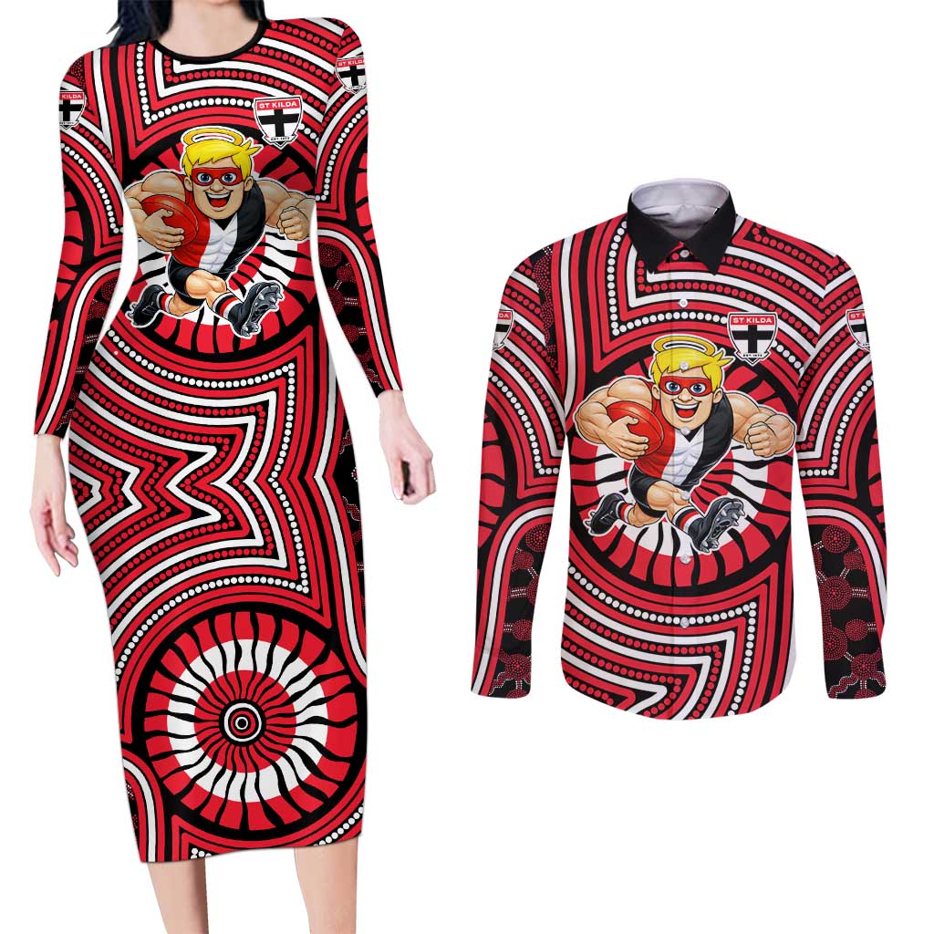 St Kilda Football Club Couples Matching Long Sleeve Bodycon Dress and Long Sleeve Button Shirt Indigenous Monochrome Dot Art Mascot Style