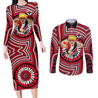 St Kilda Football Club Couples Matching Long Sleeve Bodycon Dress and Long Sleeve Button Shirt Indigenous Monochrome Dot Art Mascot Style