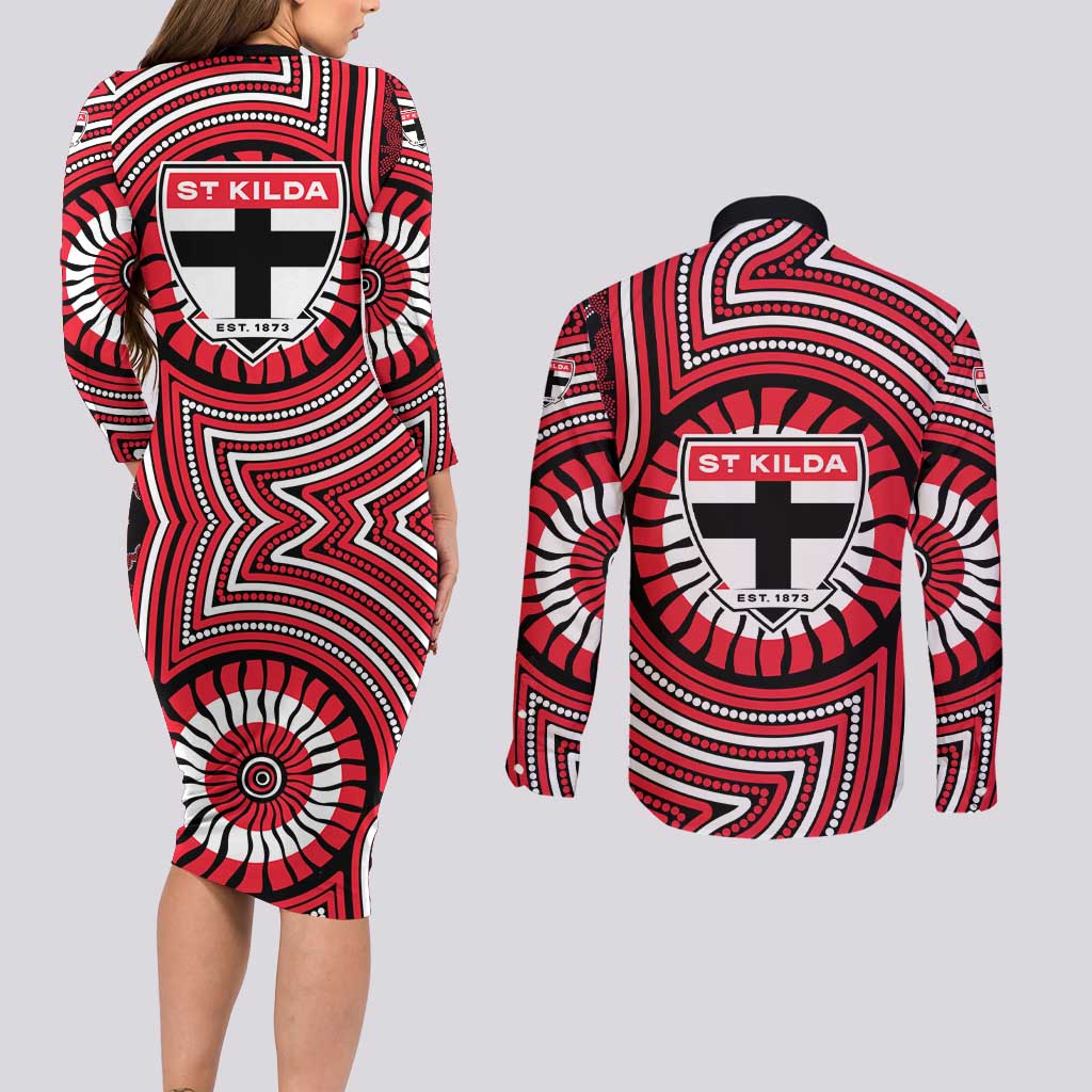 St Kilda Football Club Couples Matching Long Sleeve Bodycon Dress and Long Sleeve Button Shirt Indigenous Monochrome Dot Art Mascot Style