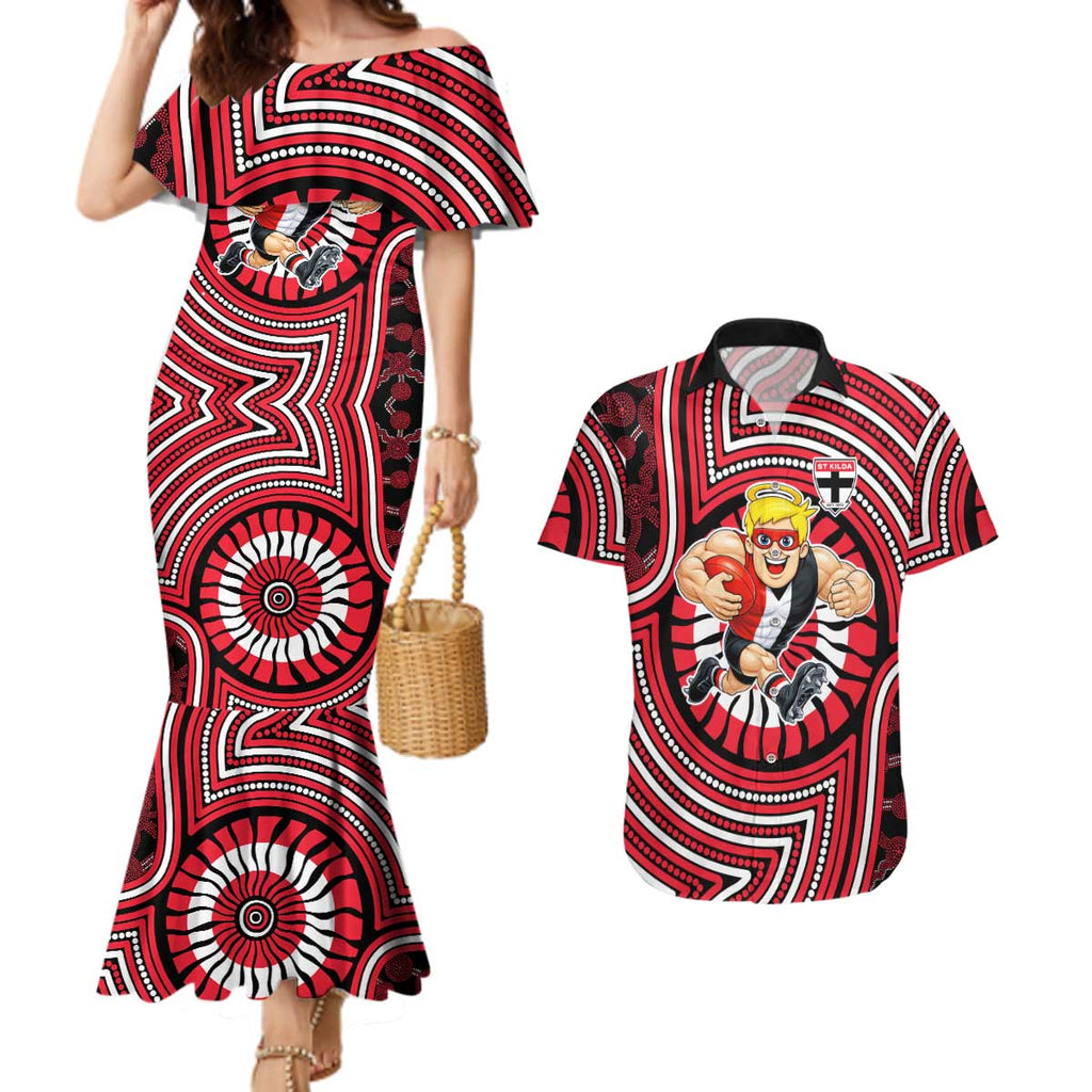 St Kilda Football Club Couples Matching Mermaid Dress and Hawaiian Shirt Indigenous Monochrome Dot Art Mascot Style