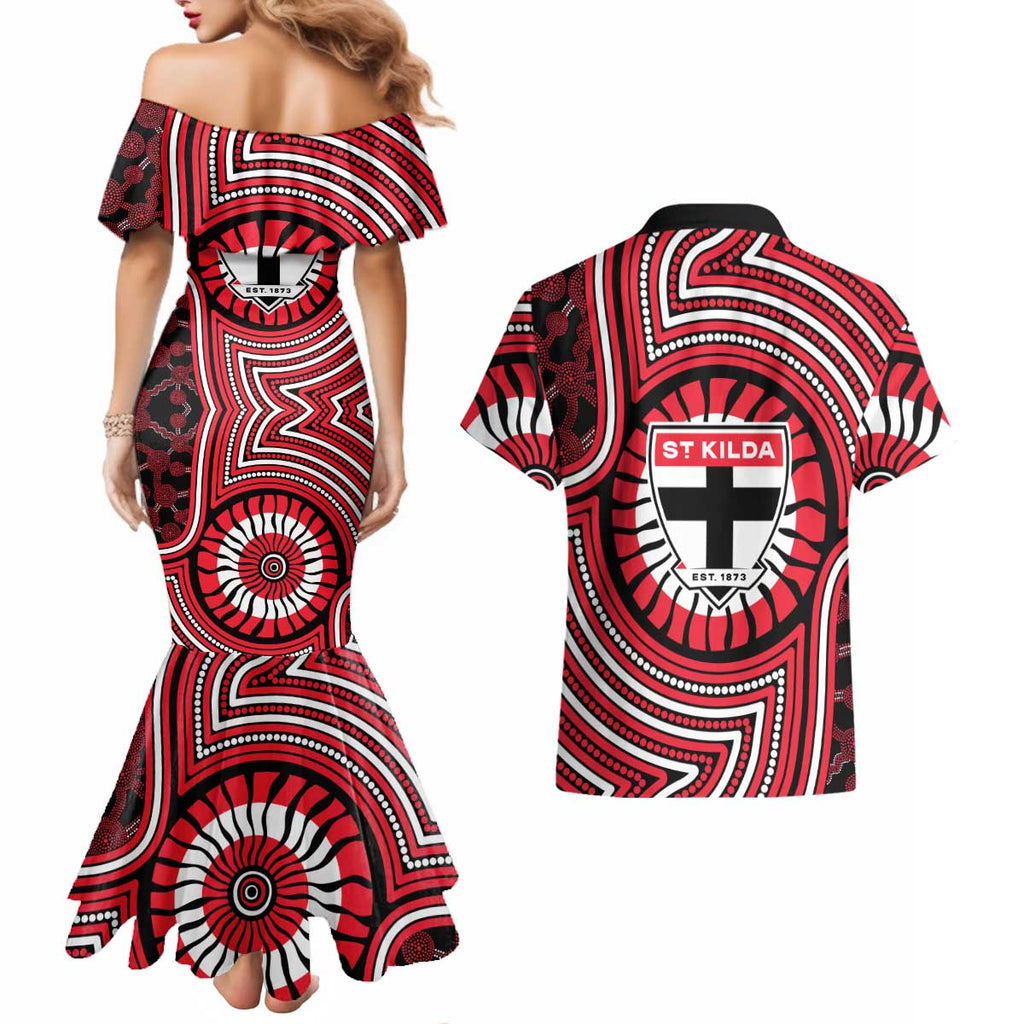 St Kilda Football Club Couples Matching Mermaid Dress and Hawaiian Shirt Indigenous Monochrome Dot Art Mascot Style