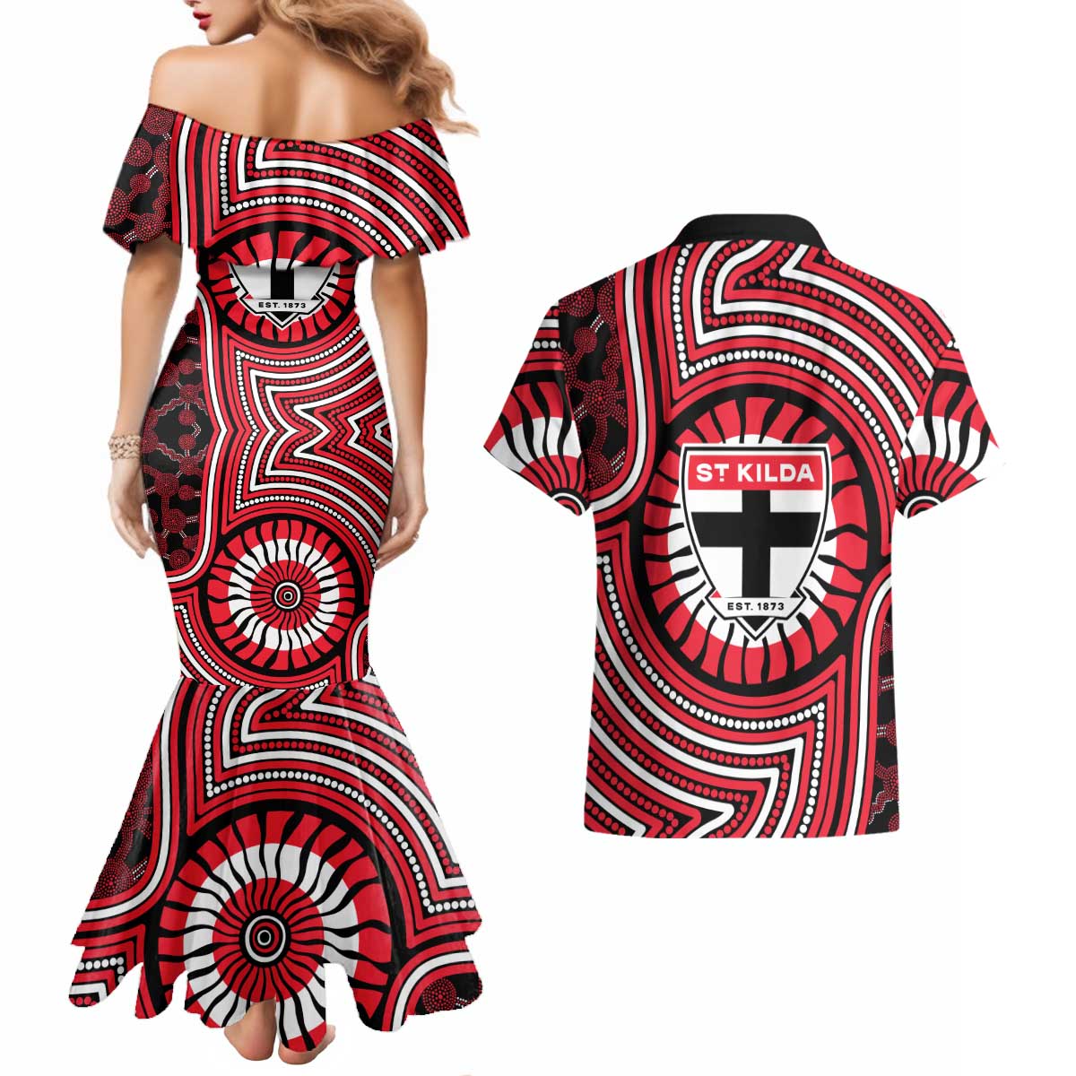 St Kilda Football Club Couples Matching Mermaid Dress and Hawaiian Shirt Indigenous Monochrome Dot Art Mascot Style