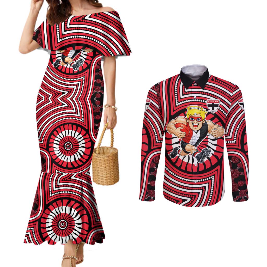 St Kilda Football Club Couples Matching Mermaid Dress and Long Sleeve Button Shirt Indigenous Monochrome Dot Art Mascot Style