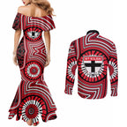 St Kilda Football Club Couples Matching Mermaid Dress and Long Sleeve Button Shirt Indigenous Monochrome Dot Art Mascot Style