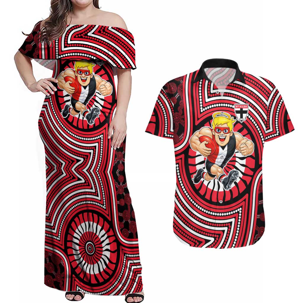 St Kilda Football Club Couples Matching Off Shoulder Maxi Dress and Hawaiian Shirt Indigenous Monochrome Dot Art Mascot Style