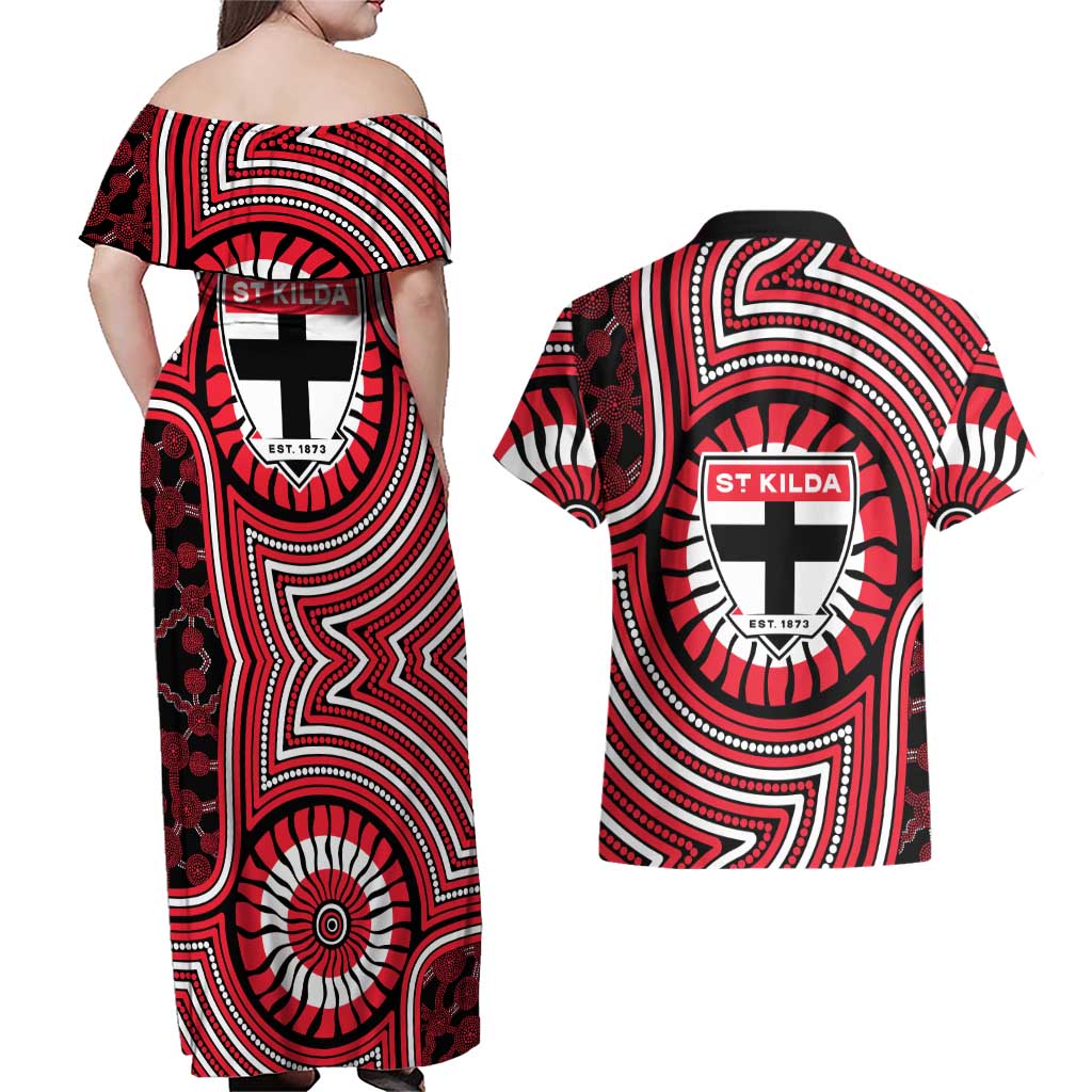 St Kilda Football Club Couples Matching Off Shoulder Maxi Dress and Hawaiian Shirt Indigenous Monochrome Dot Art Mascot Style