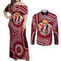 St Kilda Football Club Couples Matching Off Shoulder Maxi Dress and Long Sleeve Button Shirt Indigenous Monochrome Dot Art Mascot Style