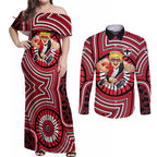 St Kilda Football Club Couples Matching Off Shoulder Maxi Dress and Long Sleeve Button Shirt Indigenous Monochrome Dot Art Mascot Style
