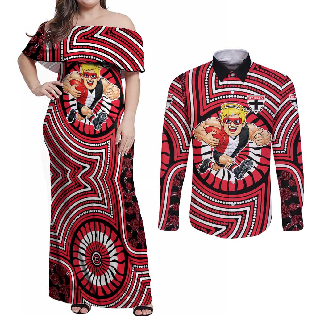 St Kilda Football Club Couples Matching Off Shoulder Maxi Dress and Long Sleeve Button Shirt Indigenous Monochrome Dot Art Mascot Style