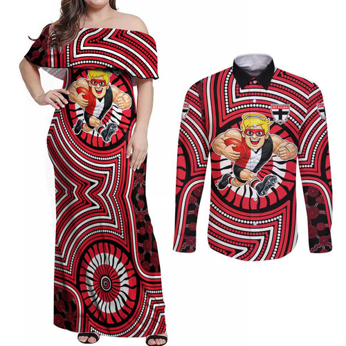 St Kilda Football Club Couples Matching Off Shoulder Maxi Dress and Long Sleeve Button Shirt Indigenous Monochrome Dot Art Mascot Style
