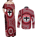 St Kilda Football Club Couples Matching Off Shoulder Maxi Dress and Long Sleeve Button Shirt Indigenous Monochrome Dot Art Mascot Style