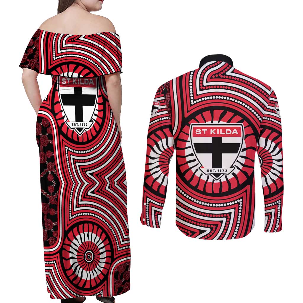 St Kilda Football Club Couples Matching Off Shoulder Maxi Dress and Long Sleeve Button Shirt Indigenous Monochrome Dot Art Mascot Style