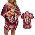 St Kilda Football Club Couples Matching Off Shoulder Short Dress and Hawaiian Shirt Indigenous Monochrome Dot Art Mascot Style