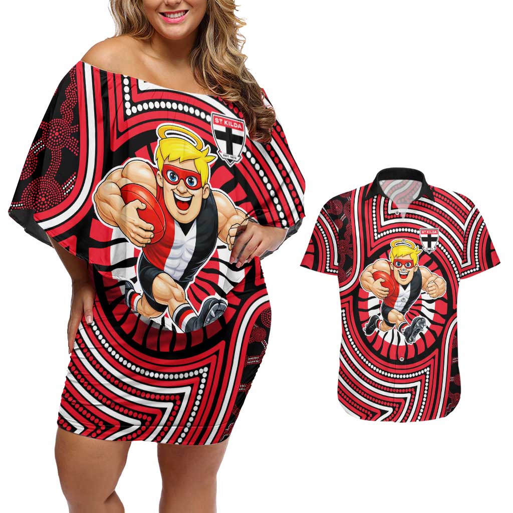 St Kilda Football Club Couples Matching Off Shoulder Short Dress and Hawaiian Shirt Indigenous Monochrome Dot Art Mascot Style