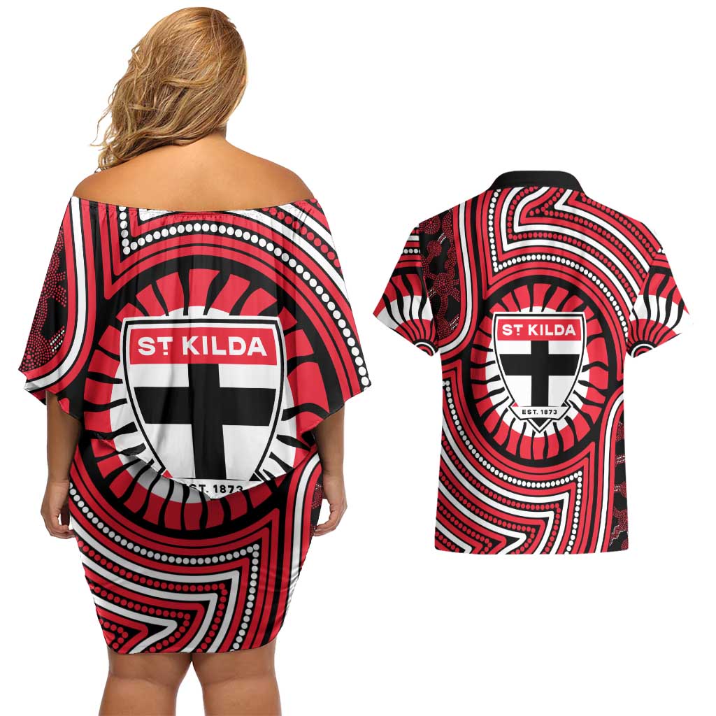 St Kilda Football Club Couples Matching Off Shoulder Short Dress and Hawaiian Shirt Indigenous Monochrome Dot Art Mascot Style