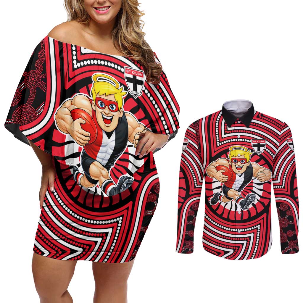 St Kilda Football Club Couples Matching Off Shoulder Short Dress and Long Sleeve Button Shirt Indigenous Monochrome Dot Art Mascot Style