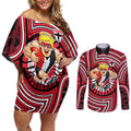 St Kilda Football Club Couples Matching Off Shoulder Short Dress and Long Sleeve Button Shirt Indigenous Monochrome Dot Art Mascot Style