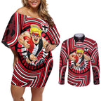 St Kilda Football Club Couples Matching Off Shoulder Short Dress and Long Sleeve Button Shirt Indigenous Monochrome Dot Art Mascot Style