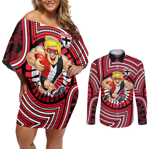 St Kilda Football Club Couples Matching Off Shoulder Short Dress and Long Sleeve Button Shirt Indigenous Monochrome Dot Art Mascot Style