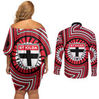 St Kilda Football Club Couples Matching Off Shoulder Short Dress and Long Sleeve Button Shirt Indigenous Monochrome Dot Art Mascot Style