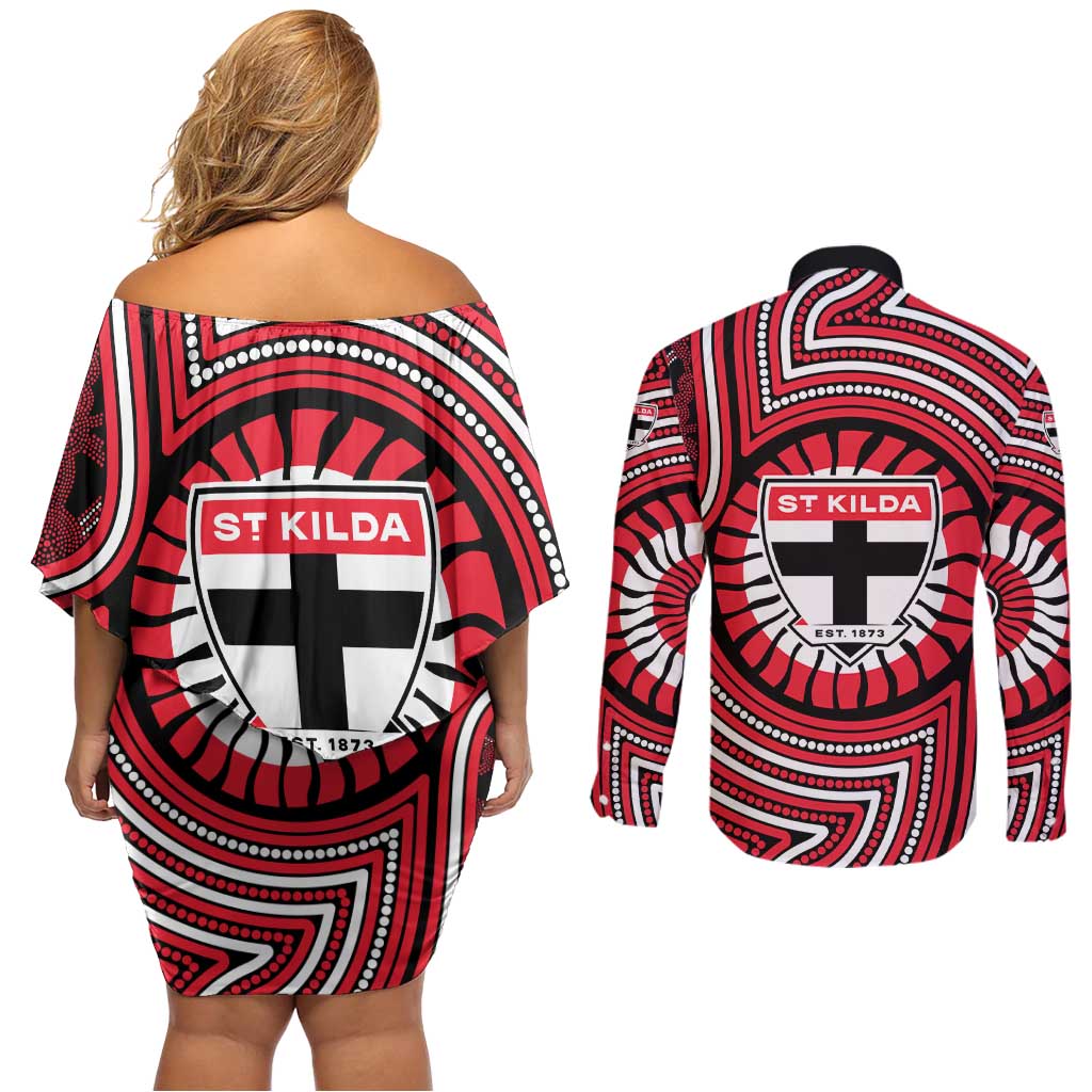 St Kilda Football Club Couples Matching Off Shoulder Short Dress and Long Sleeve Button Shirt Indigenous Monochrome Dot Art Mascot Style