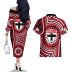 St Kilda Football Club Couples Matching Off The Shoulder Long Sleeve Dress and Hawaiian Shirt Indigenous Monochrome Dot Art Mascot Style