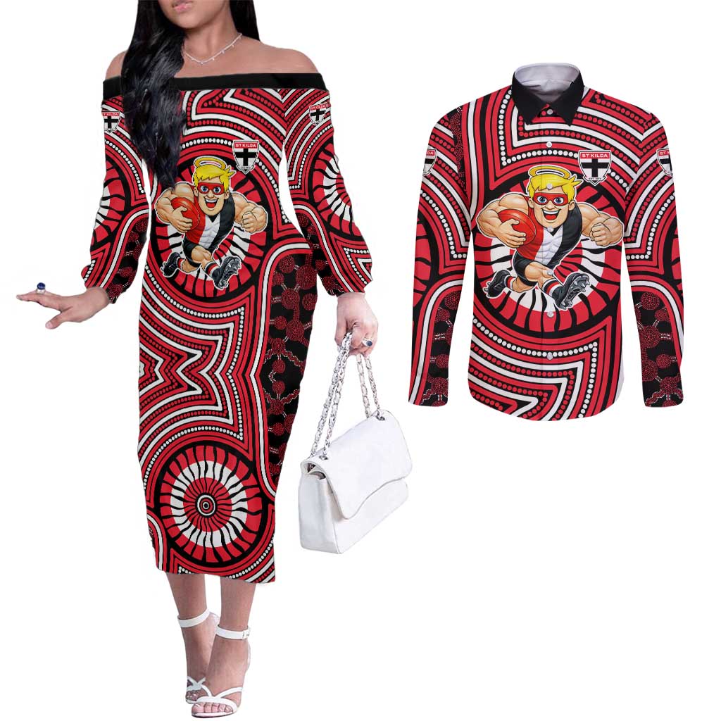 St Kilda Football Club Couples Matching Off The Shoulder Long Sleeve Dress and Long Sleeve Button Shirt Indigenous Monochrome Dot Art Mascot Style