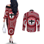 St Kilda Football Club Couples Matching Off The Shoulder Long Sleeve Dress and Long Sleeve Button Shirt Indigenous Monochrome Dot Art Mascot Style