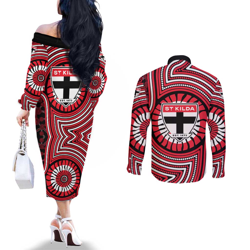 St Kilda Football Club Couples Matching Off The Shoulder Long Sleeve Dress and Long Sleeve Button Shirt Indigenous Monochrome Dot Art Mascot Style