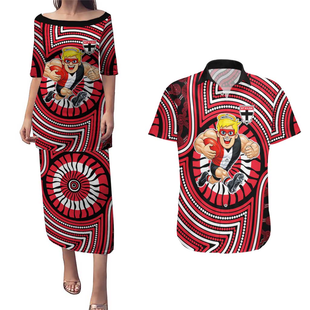 St Kilda Football Club Couples Matching Puletasi and Hawaiian Shirt Indigenous Monochrome Dot Art Mascot Style