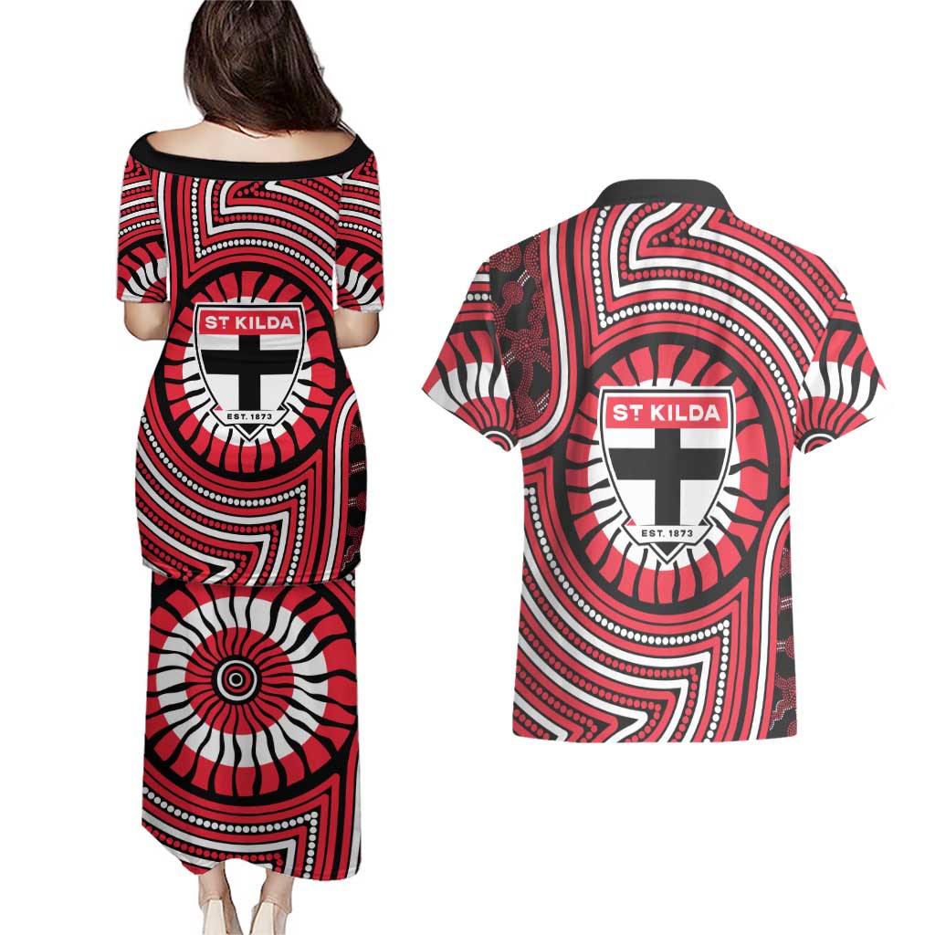 St Kilda Football Club Couples Matching Puletasi and Hawaiian Shirt Indigenous Monochrome Dot Art Mascot Style