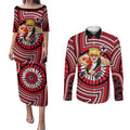St Kilda Football Club Couples Matching Puletasi and Long Sleeve Button Shirt Indigenous Monochrome Dot Art Mascot Style
