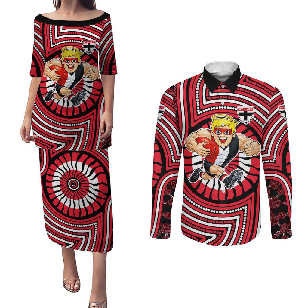 St Kilda Football Club Couples Matching Puletasi and Long Sleeve Button Shirt Indigenous Monochrome Dot Art Mascot Style