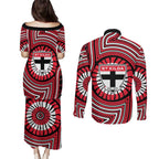 St Kilda Football Club Couples Matching Puletasi and Long Sleeve Button Shirt Indigenous Monochrome Dot Art Mascot Style