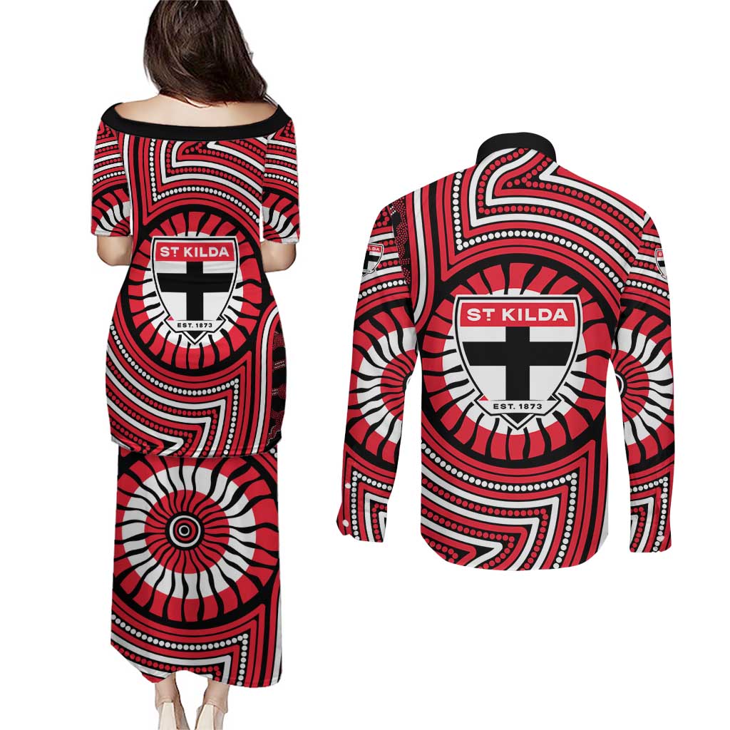St Kilda Football Club Couples Matching Puletasi and Long Sleeve Button Shirt Indigenous Monochrome Dot Art Mascot Style