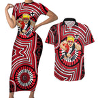 St Kilda Football Club Couples Matching Short Sleeve Bodycon Dress and Hawaiian Shirt Indigenous Monochrome Dot Art Mascot Style