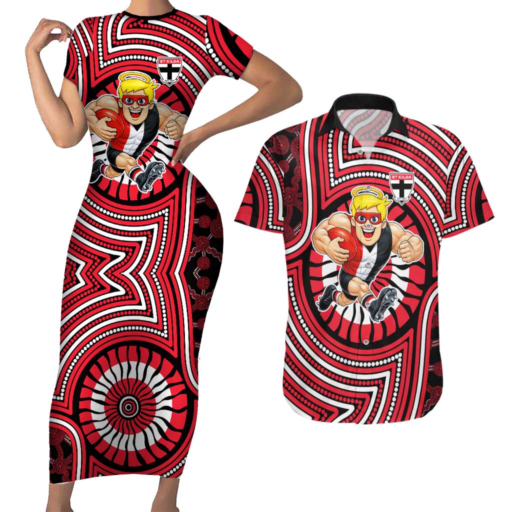 St Kilda Football Club Couples Matching Short Sleeve Bodycon Dress and Hawaiian Shirt Indigenous Monochrome Dot Art Mascot Style